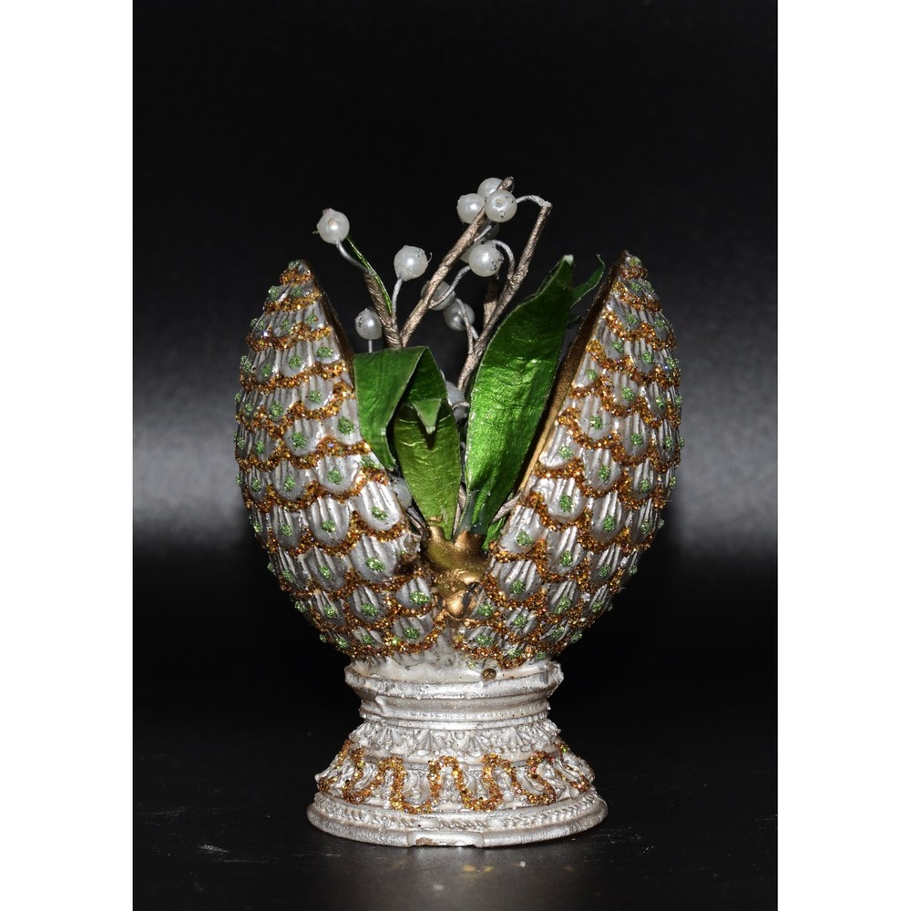 Vintage Faberge Style Egg Lily of the Valley Figurine Silver Gold 4in